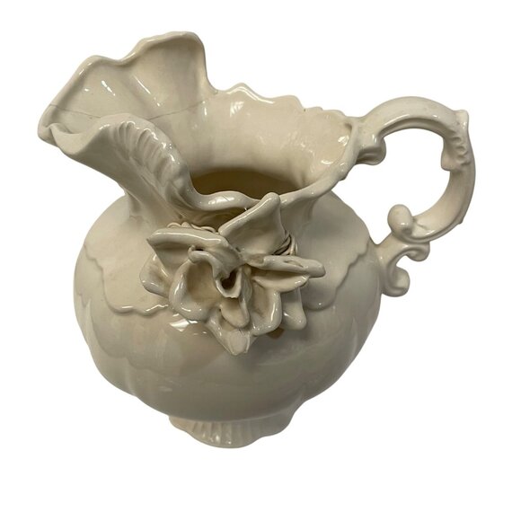 Vintage Ivory Ceramic Pitcher With Floral Accent Ornate Handle 8" x 8" Read - Picture 2 of 15